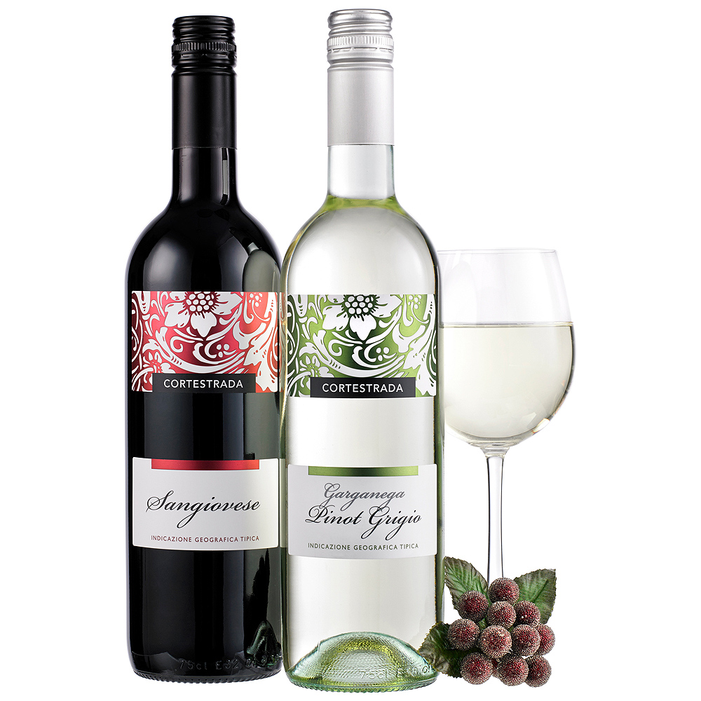 Two bottles of Italian wine in both red and white make this gift perfect for a lover of fine wines.
<br /><br />This hamper contains <span class="bold">2</span> items;<br /><br />
<ul style="list-style:disc; margin-left:30px;">
<li>Cortestrada Garganega Pinot Grigio 75cl </li>
<li>Cortestrada Sangiovese 75cl </li>
<br />Presented in a gold gift box. Two bottles of Italian wine in both red and white make this gift perfect for a lover of fine wines.
<br /><br />This hamper contains <span class="bold">2</span> items;<br /><br />
<ul style="list-style:disc; margin-left:30px;">
<li>Cortestrada Garganega Pinot Grigio 75cl </li>
<li>Cortestrada Sangiovese 75cl </li>
<br />Presented in a gold gift box.
